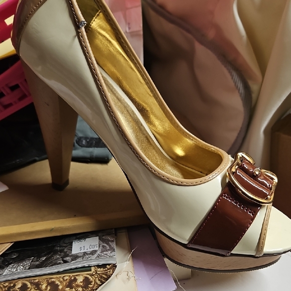 Michael Antonio Shoes - Two-Tone Platform Peep-Toe Pumps with Buckle Detail